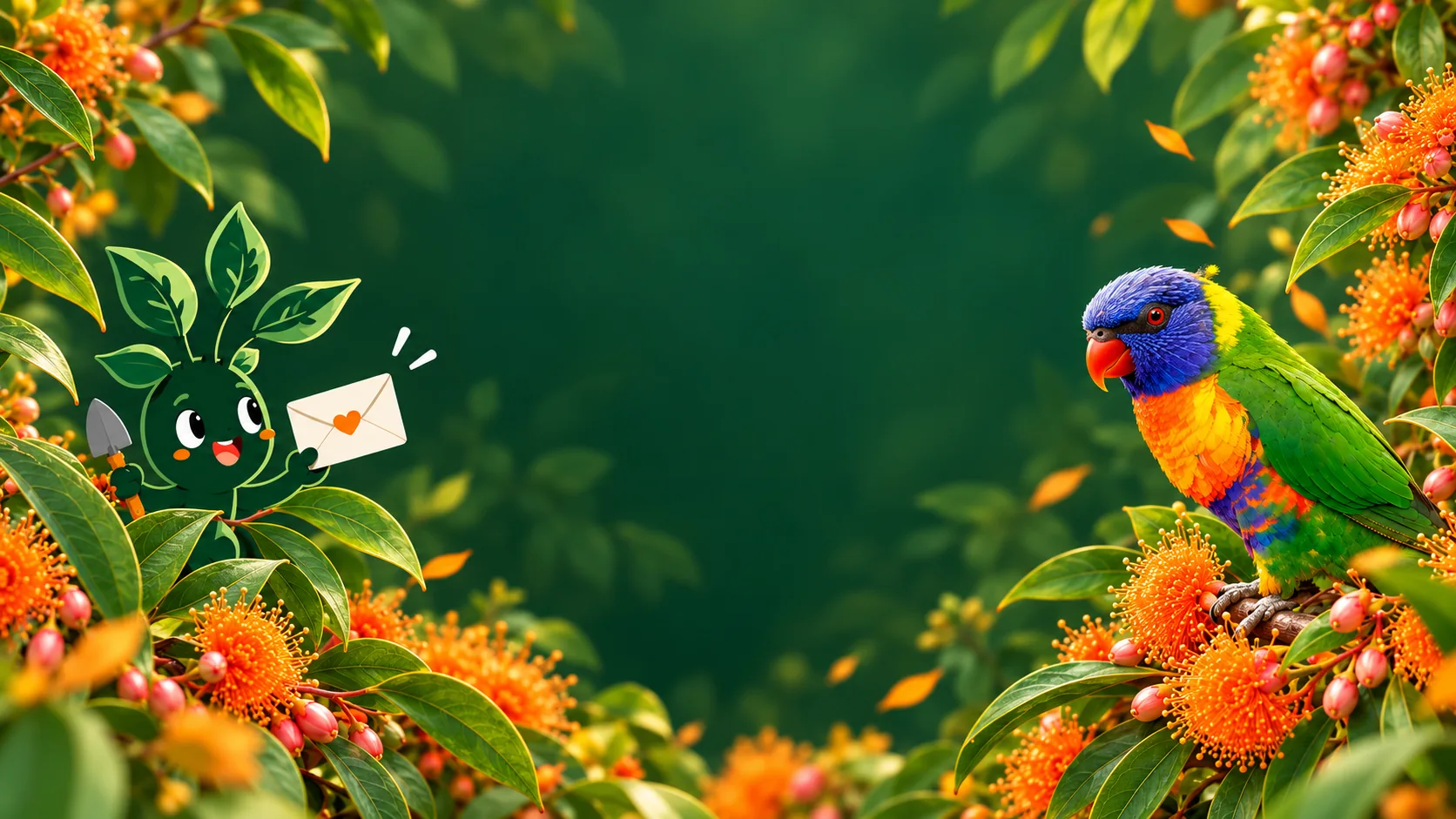 Branchy holding an envelope opposite a rainbow lorikeet among flowering gum leaves